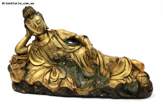 Brass Reclining Guan Yin Figure
