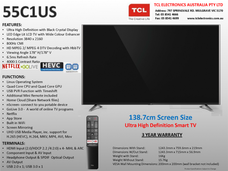 TCL 55C1US 55 INCH 138.7CM UHD SMART TV,