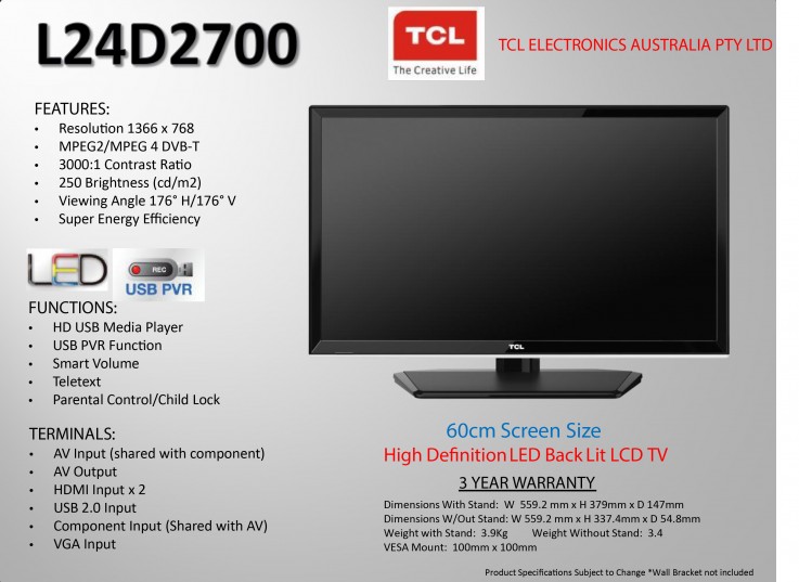 TCL L24D2700 HD LED LCD TV 24